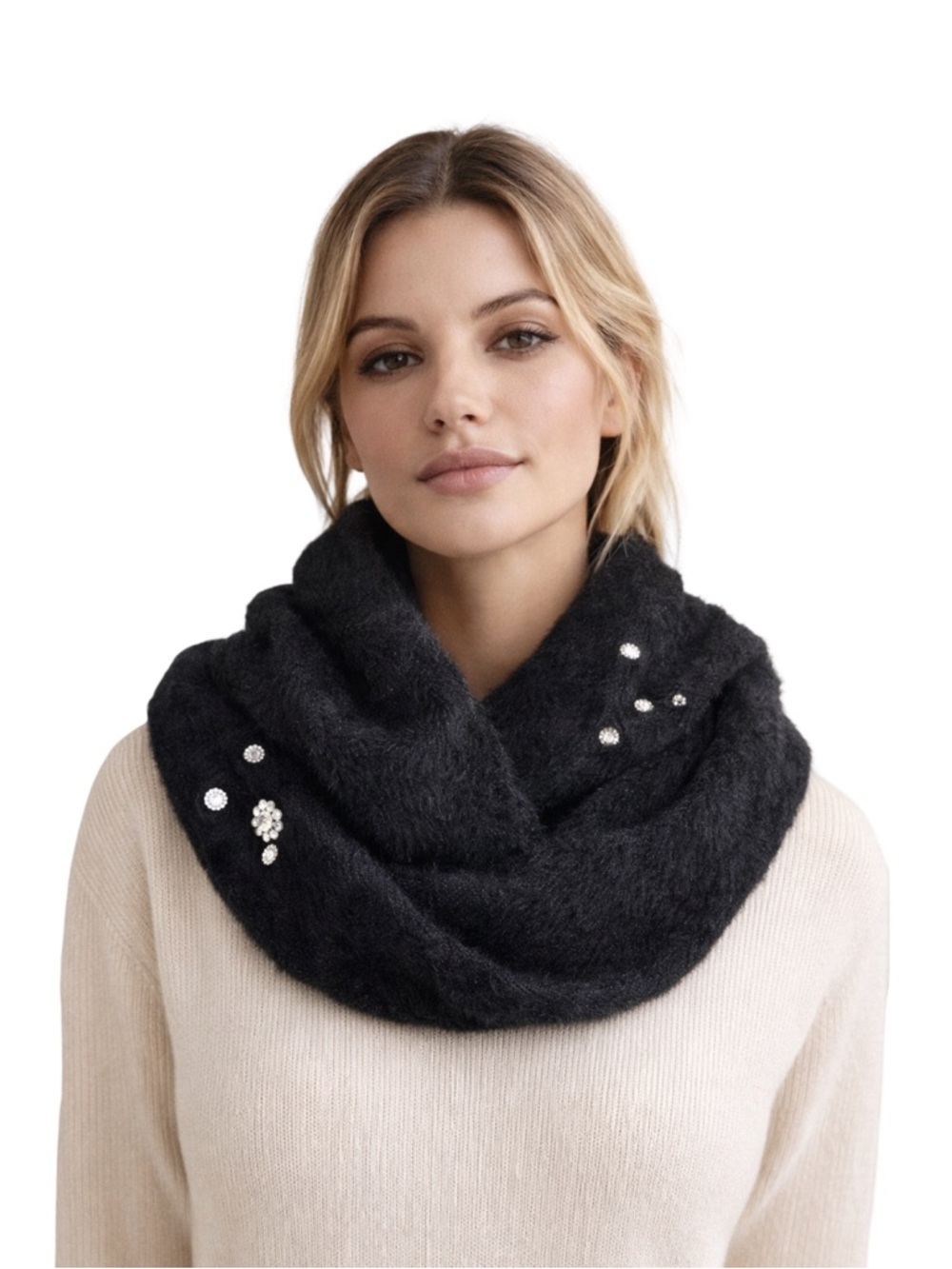 Karl Lagerfeld Black Faux Fur Infinity Scarf Rhinestone Floral